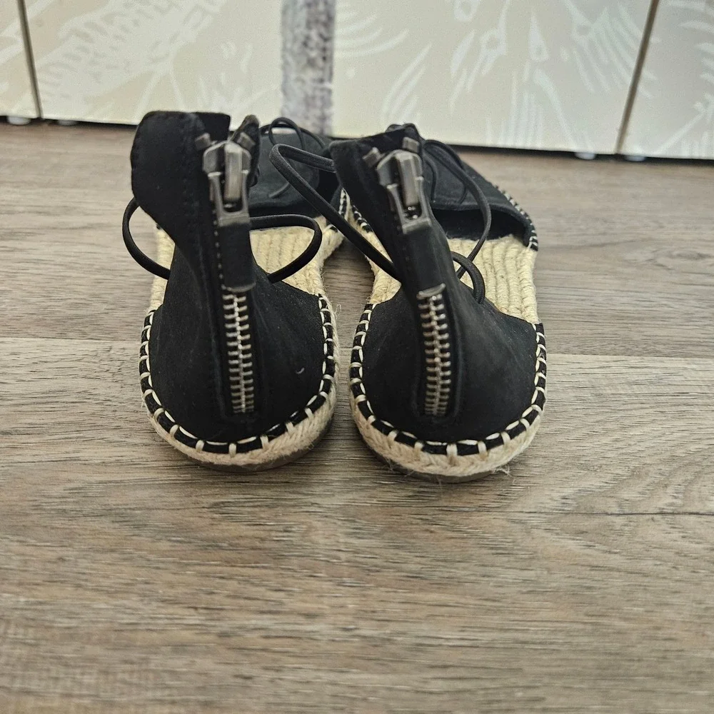 Eileen Fisher Black Suede Lace Up Espadrille Flats Back Zip Shoes Womens 6.5